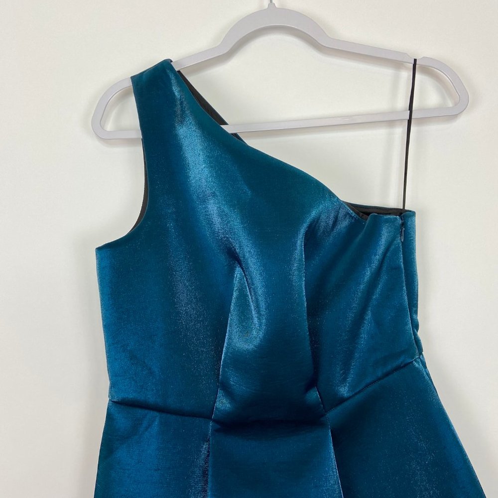 ASOS One Shoulder Teal Metallic Fit & Flare Mini Dress Size 8 - Picture 3 of 7